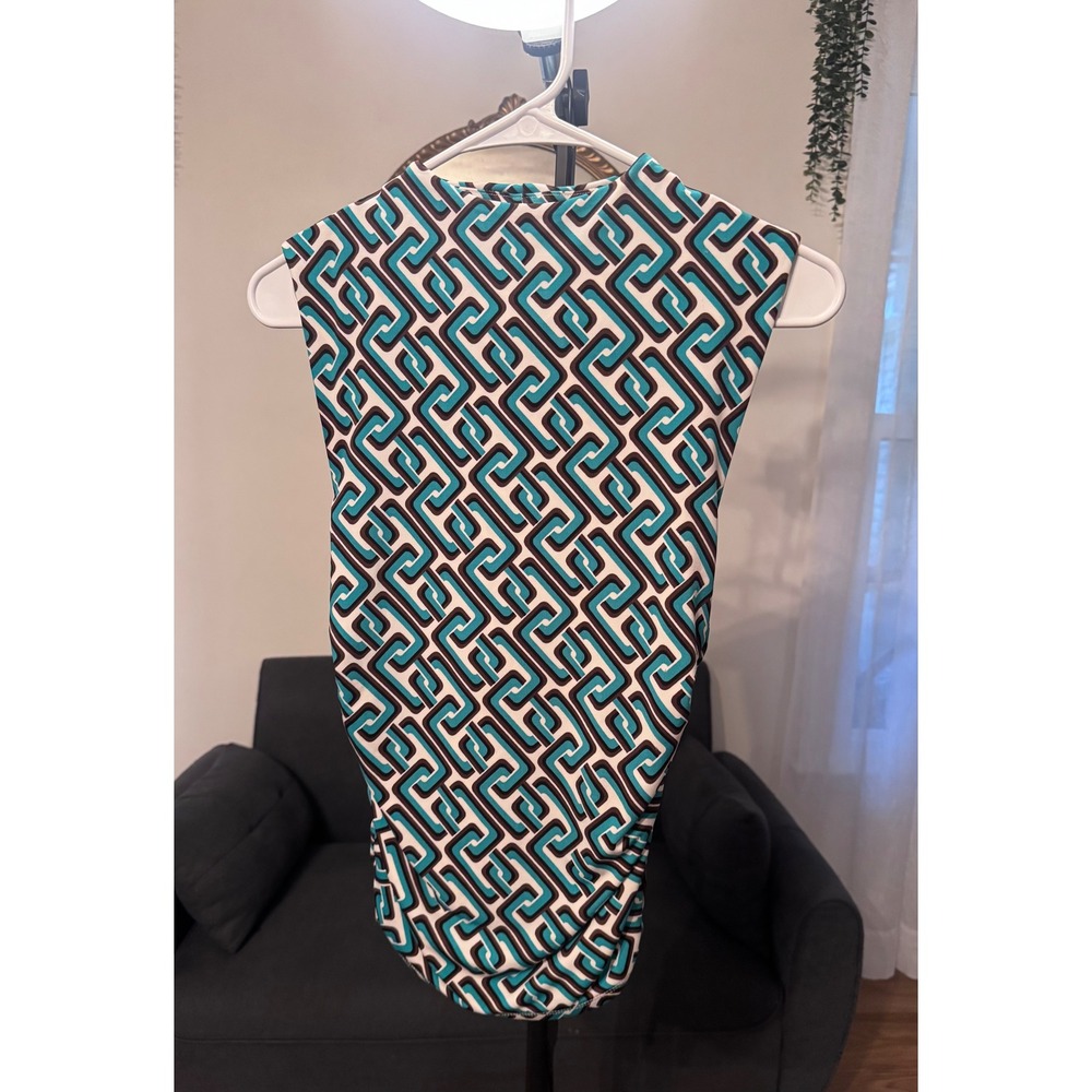 Intempo Womens Geometric Greek Key Mock Neck Ruched Sleeveless Top Turquoise XS